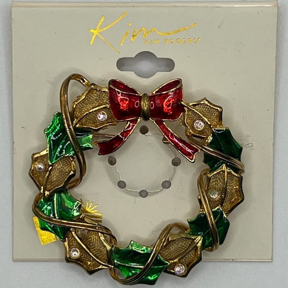 Kim Rogers Christmas Wreath Green, Red, Gold, Brooch / Pin